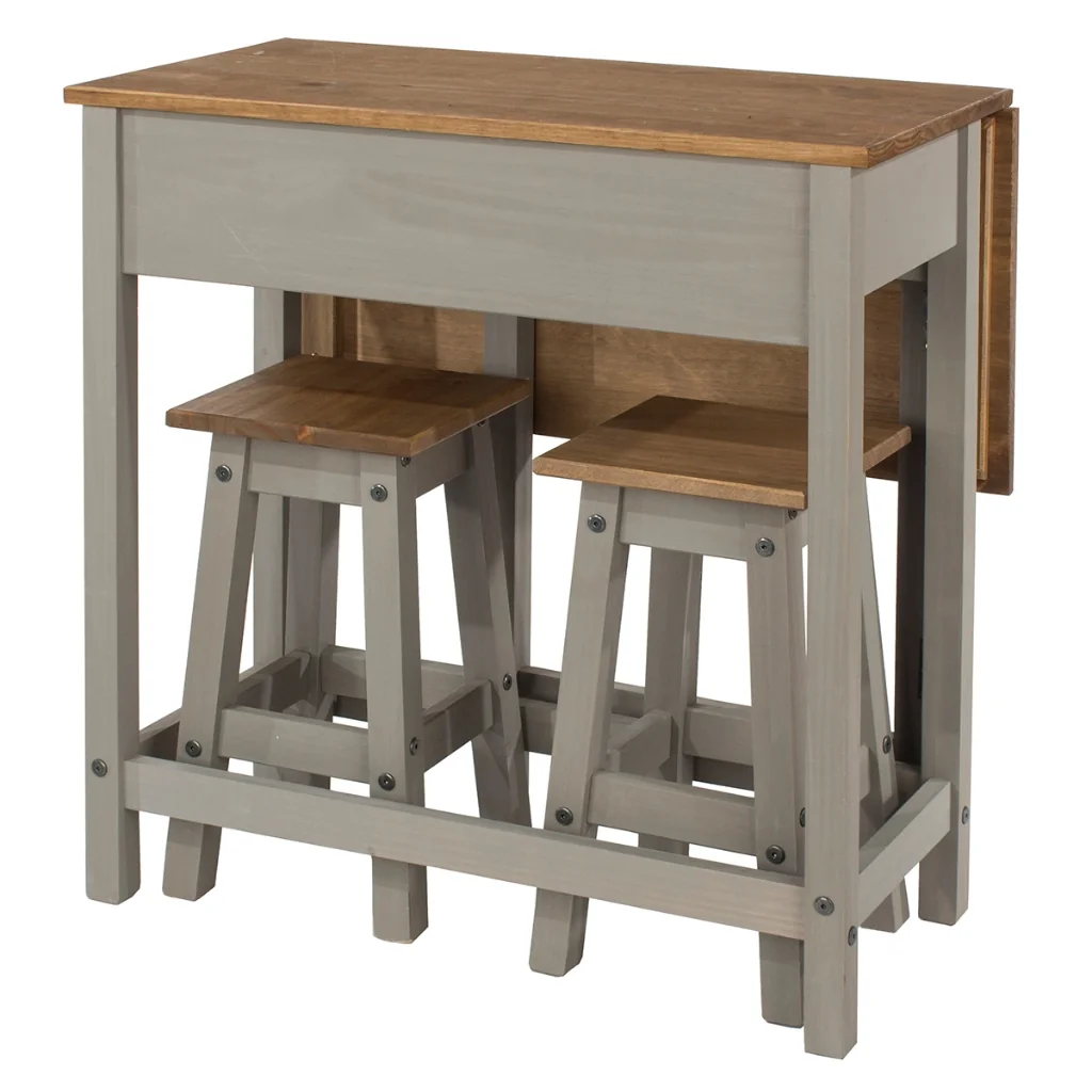 Mesa Dobrável e 2 Banquetas de Madeira Maciça Cinza Lavado - CRGTBSET4
