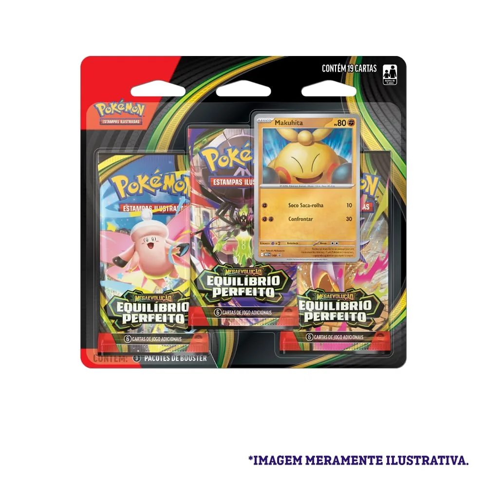 Pokémon TCG, Blister Triplo Pokémon Makuhita ME03 Equilíbrio Perfeito