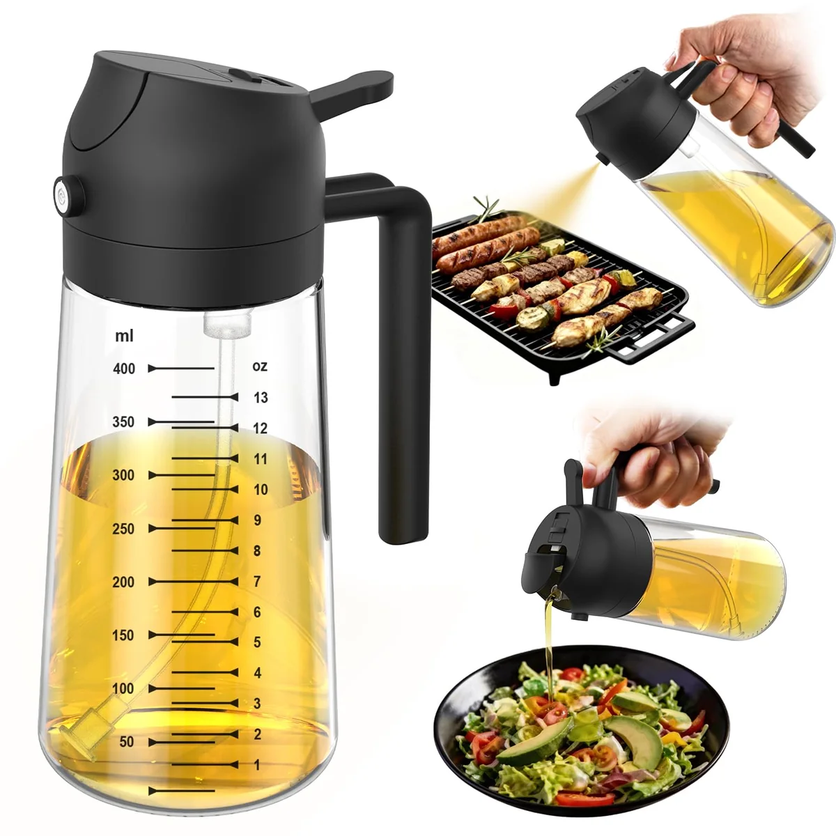 TrendPlain Pulverizador de azeite de oliva de vidro de 470 ml para cozinhar – Frasco dispensador de azeite 2 em 1 para utensílios de cozinha e acessórios de fritadeira de ar, salada, churrasco - preto