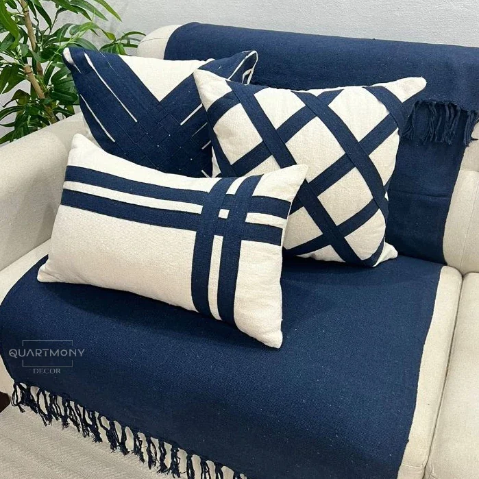 Kit Capa Almofada Fita Azul Marinho Rustica Boho Chic Artesanal Sofa Cama Tiras Terracota Moderno