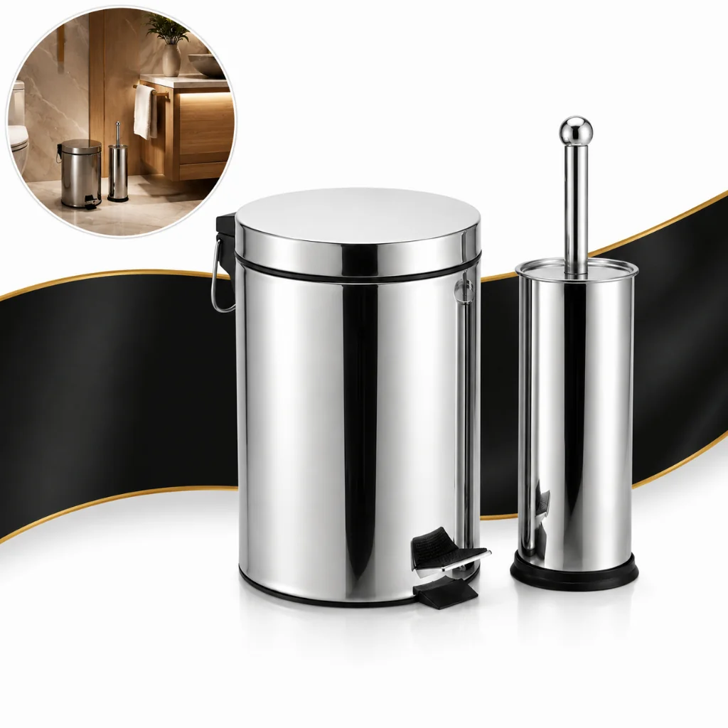 Kit Lixeira Inox 5 Litros Pedal + Escova Sanitária Banheiro Limpeza Moderno Sofisticado Grande 5l