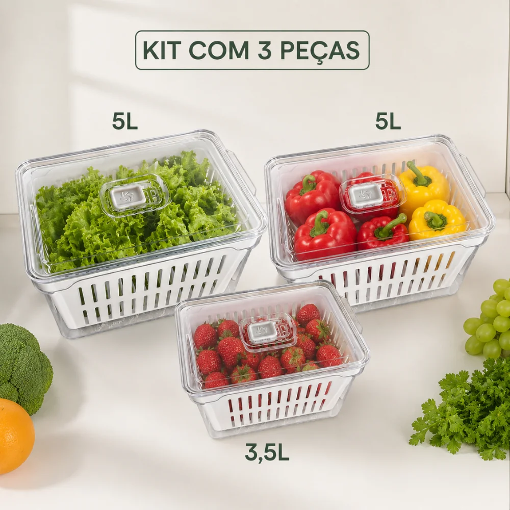 Kit 3 Organizadores de Geladeira – 2 de 5L + 1 de 3,5L em Acrílico com Vedação e Drenagem