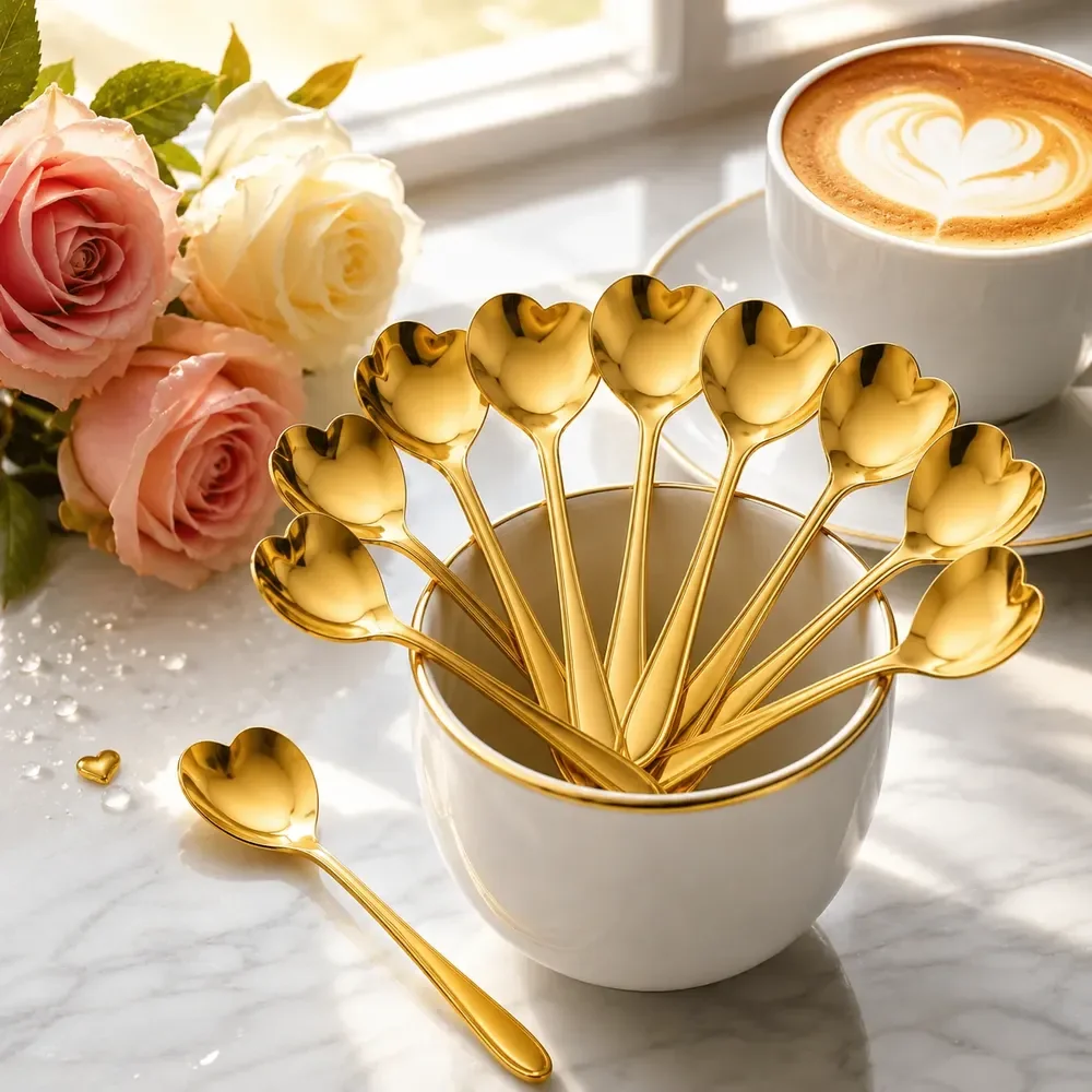 Colheres De Café Aço Inox Douradas Coração Kit 10 Sobremesa Dourado