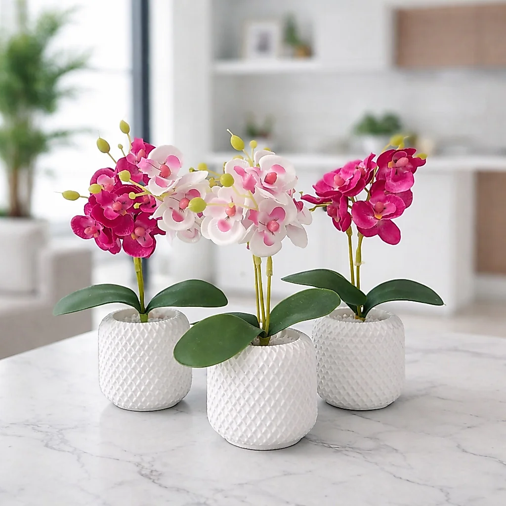 Vasos Decorativos com Orquídea Artificial em Gesso Cerâmico Branco para Sala, Escritório, Casa, Apartamento Decoração