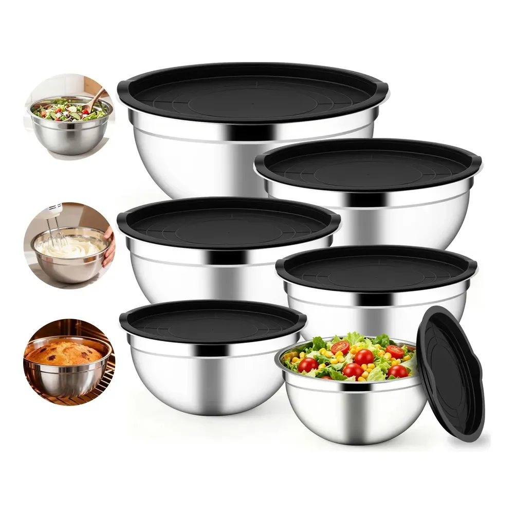 5 Bowls Tigelas Inox Com Tampa Plástica Utensilios Cozinha Inox
