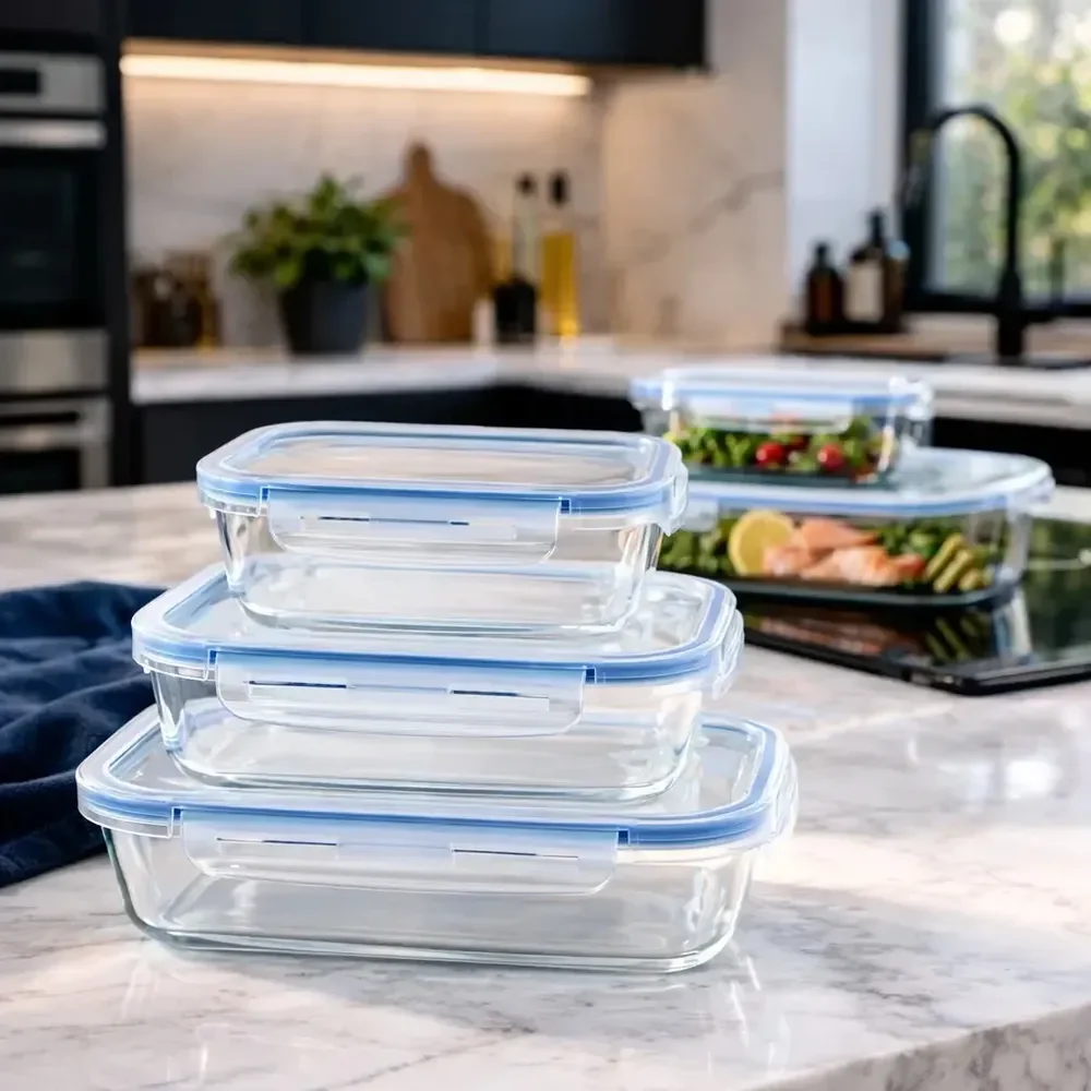 Conjunto 3 Potes Vidro Hermético 370ml 640ml 1040ml Marmita Borossilicato Tampa Trava Microondas Freezer Geladeira Alimentos Cozinha Kit Organizador Comida Lhp