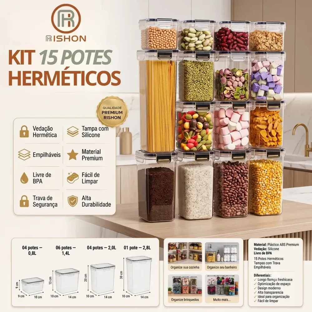 Kit 15 Potes Hermético Cadencia Mantimentos Quadrado Cozinha Branco Rishon 22,4 Litros Transparente