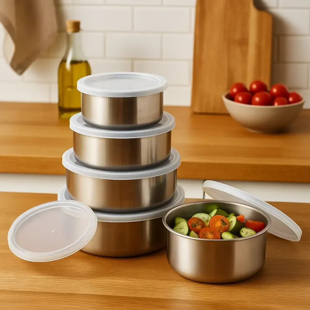Conjunto Potes Vasilha Organizador Cozinha Geladeira Inox 5p Prateado