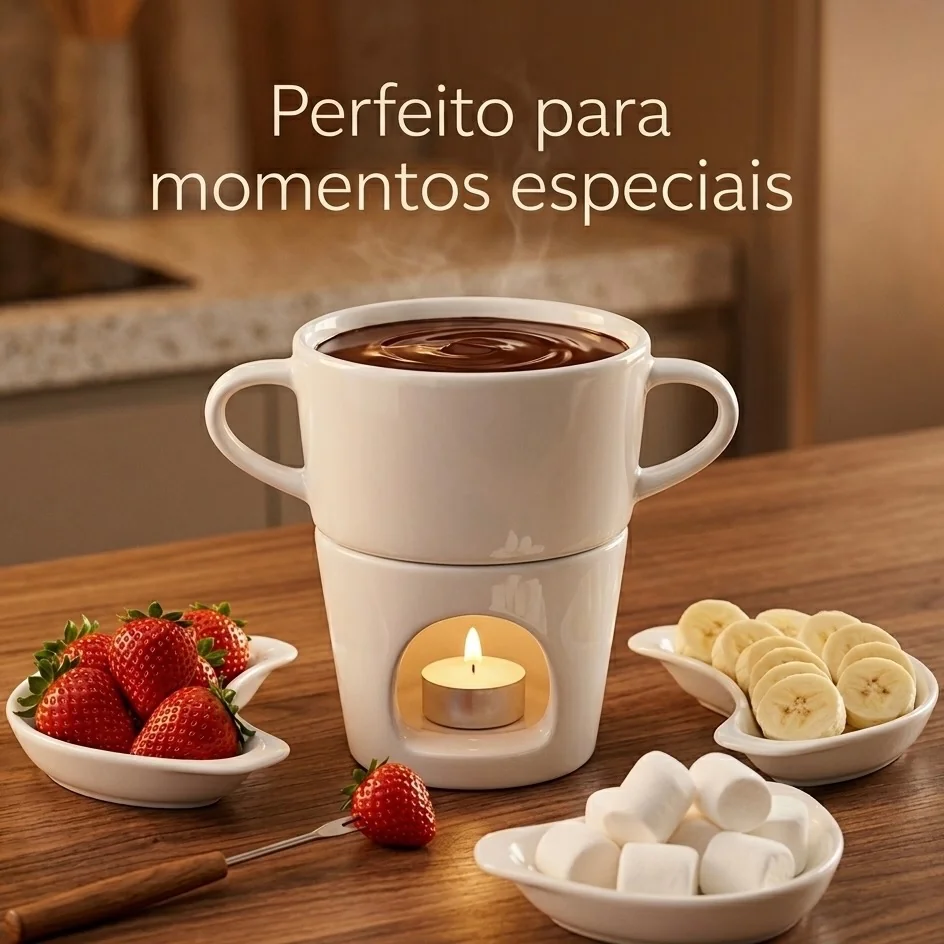 Fondue de Porcelana Branca para Chocolate e Queijo com Vela | Presente Romântico