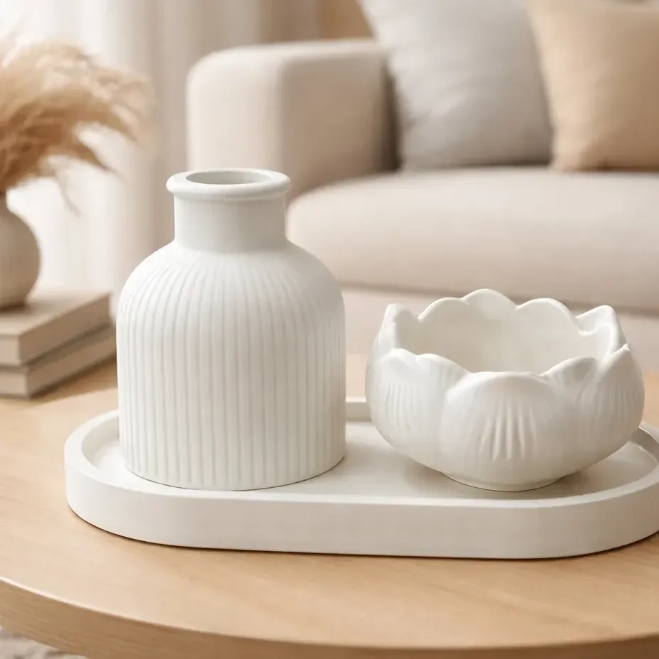 Kit Decorativo Sala Bandeja Com Vasos Design Moderno Branco
