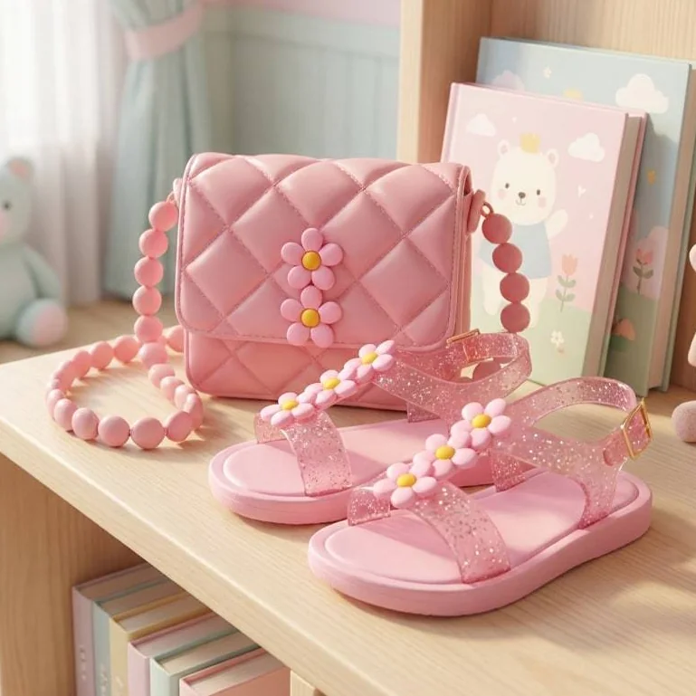 Kit Sandália e Bolsa feminina Infantil Conforto Emborrachado para menina Rosa com Tres Flores