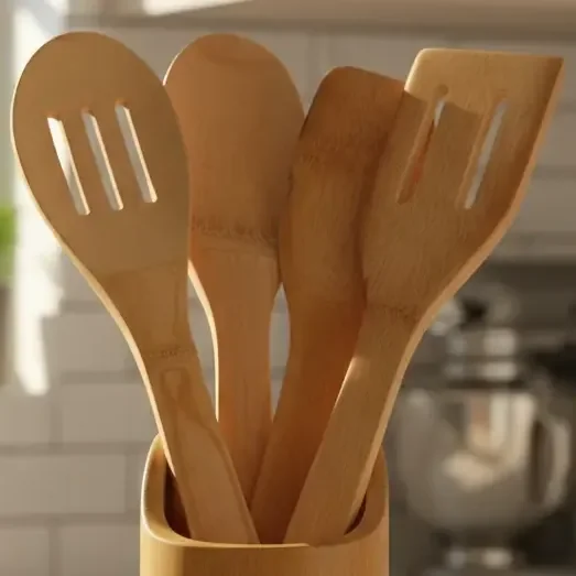 Kit De Utensílios Bambu 5 Peças Pau Colher Garfo Espátulas