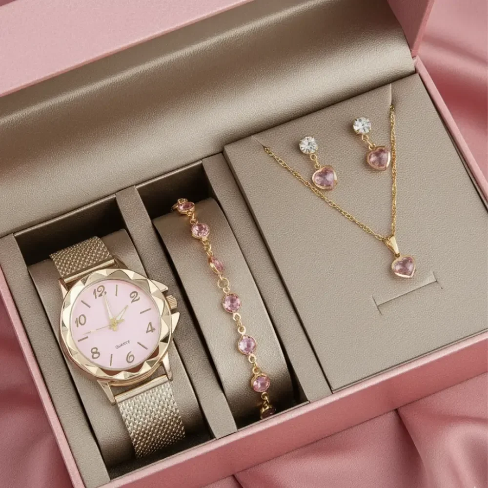 Relógio Feminino+ Kit Colar Pulseira Brincos Folheado A Ouro Dourado-rosa
