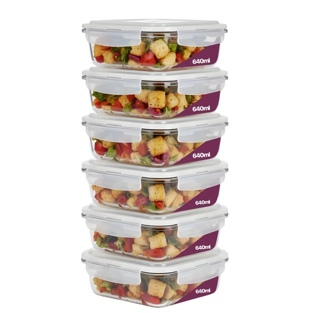 Kit 6 Potes de Vidro Borossilicato Retangular 640ml Marmita Com Tampa Hermética 4 Travas Resistente Livre de BPA Ideal para Conservação de Alimentos Freezer Micro-ondas Lava-louças Premium