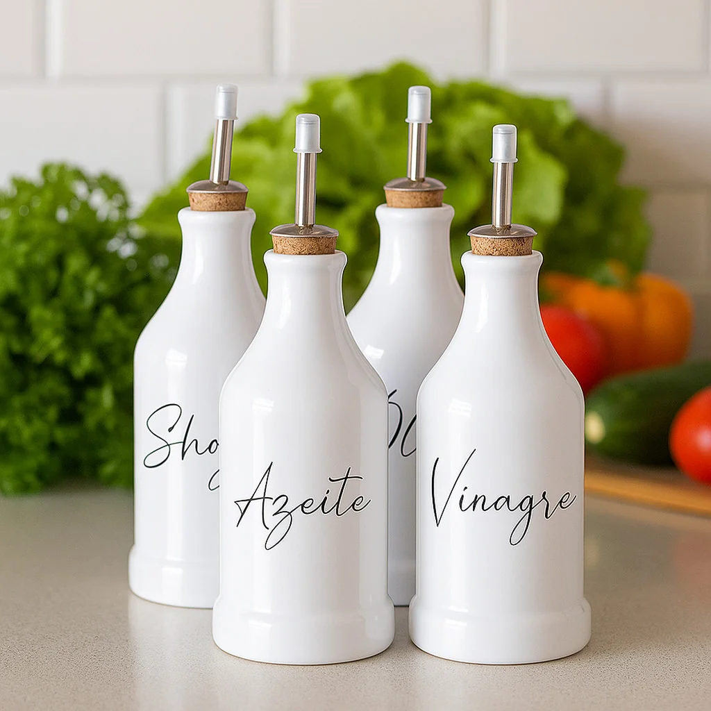 Kit Porta Azeite Vinagre Óleo Shoyu em Cerâmica com Bico Dosador Inox