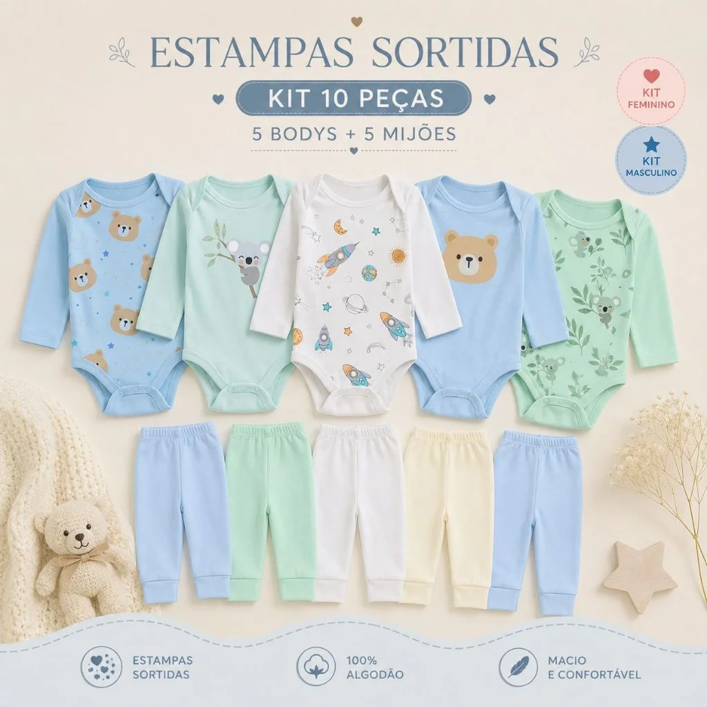 Kit 10 Peças Roupinhas de Bebê Body Longo Liso ou Estampado e Mijão