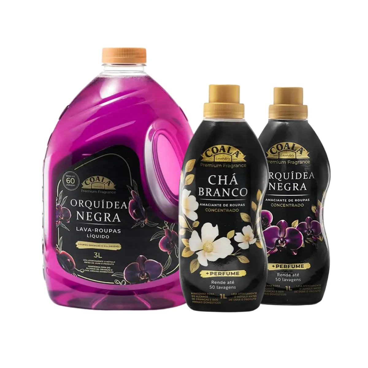 Kit Coala Lavanderia Premium Fragrance – Lava Roupas Orquídea Negra 3L + Amaciantes Concentrados Chá Branco e Orquídea Negra 1L | 3 Peças