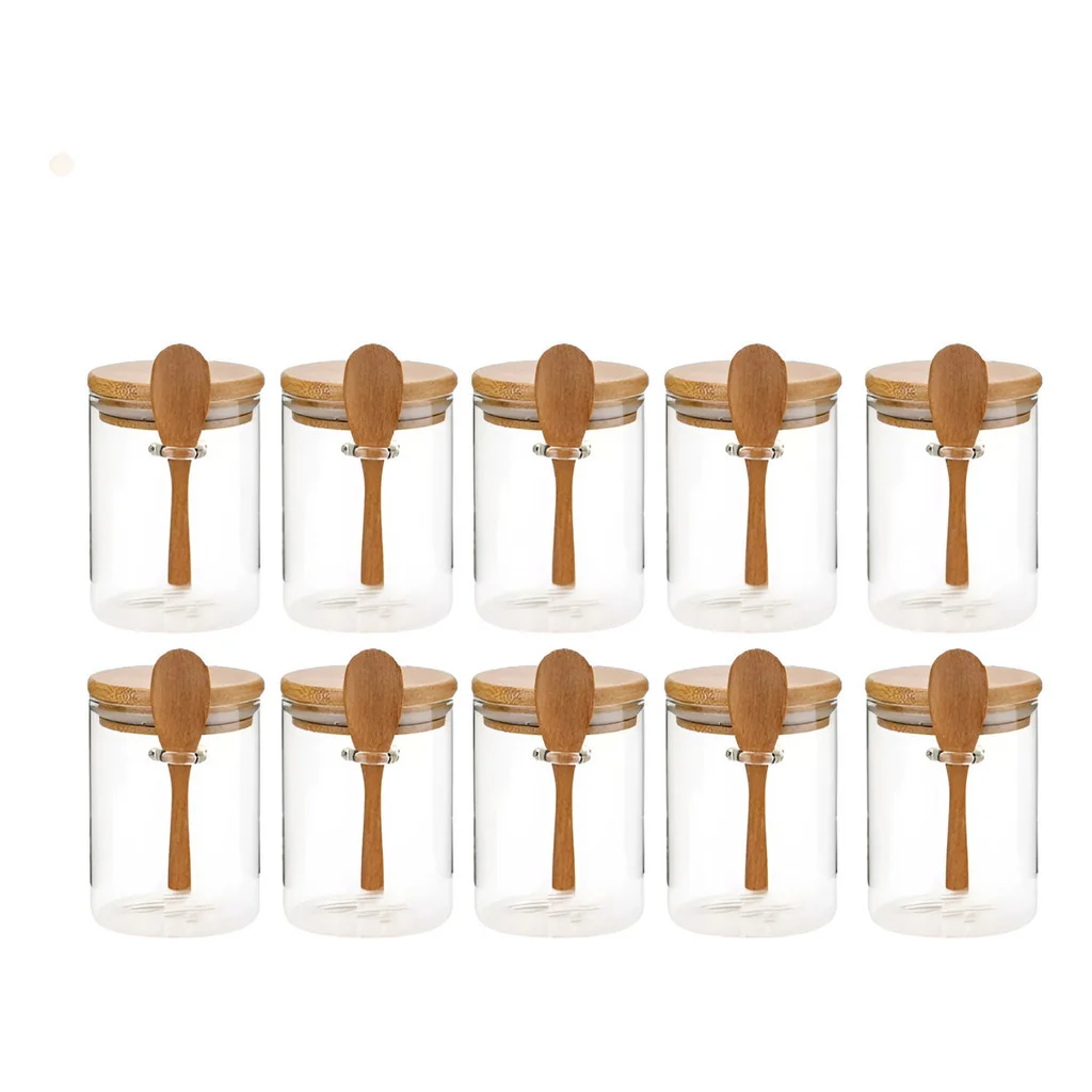 Kit Com 12 Potes Vidro Tampa Hermetica Bambu E Colher 250ml