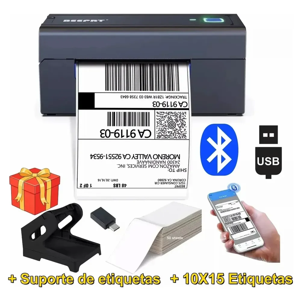 Impressora Térmica Bluetooth Usb 110mm Código De Barras E Etiquetas + Suporte + Etiqueta Adesivas 10 X 15 Cm Portátil... Cinzento Escuro