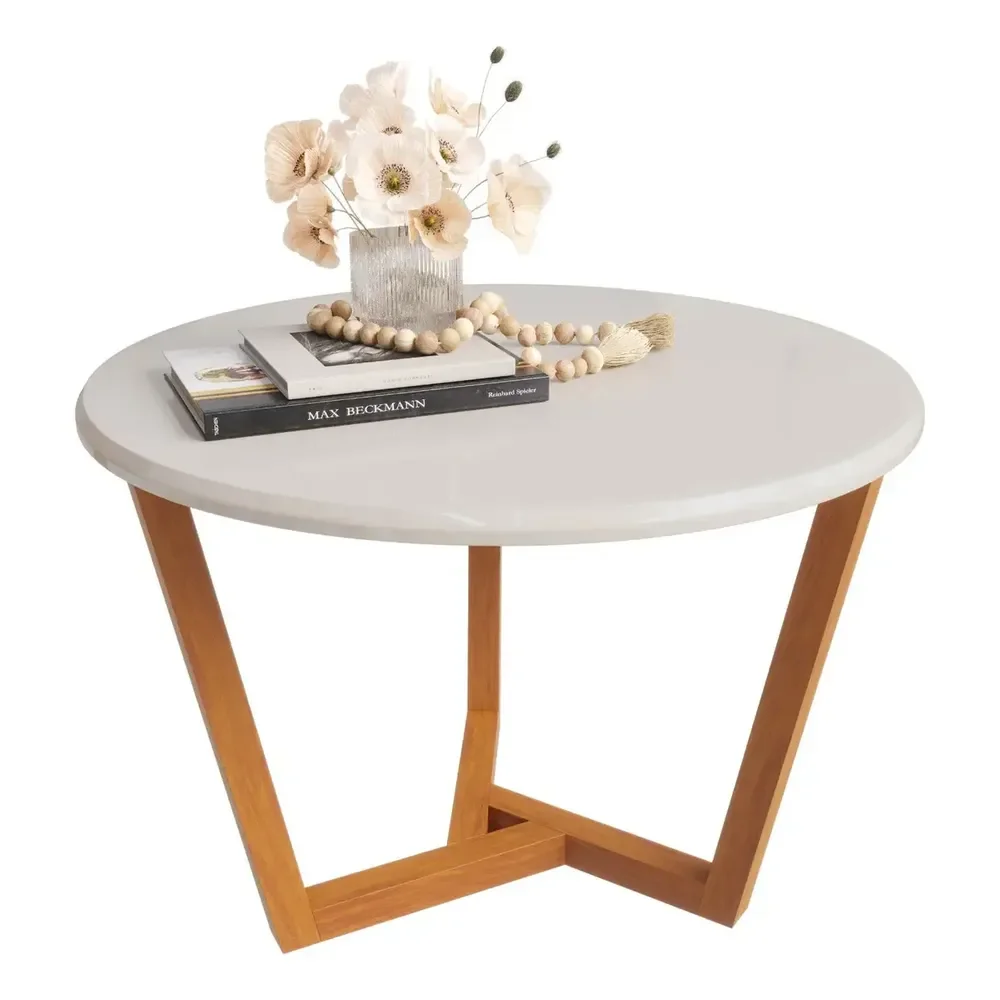 Mesa De Centro Redonda Sala Lateral Canto Pés Madeira Off White Doce Morada Móveis