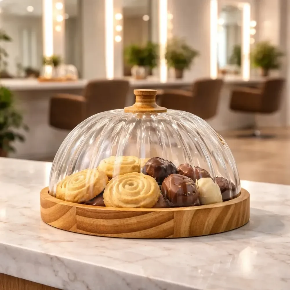 Porta Doces E Queijos Vidro Madeira Recepção Salão Spa 19cm