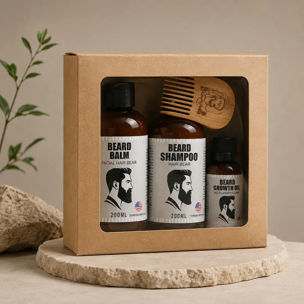 Kit Balm, Óleo para Barba e Shampoo Facial Tecnologia Americana e Pente de Madeira para barba - Alkmena m-09
