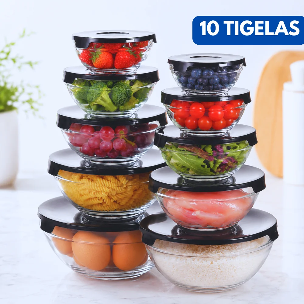 Conjunto De 10 Potes Tigelas Vidro com Tampa Bowls Hermética  Armazenamento Organizador De Cozinha