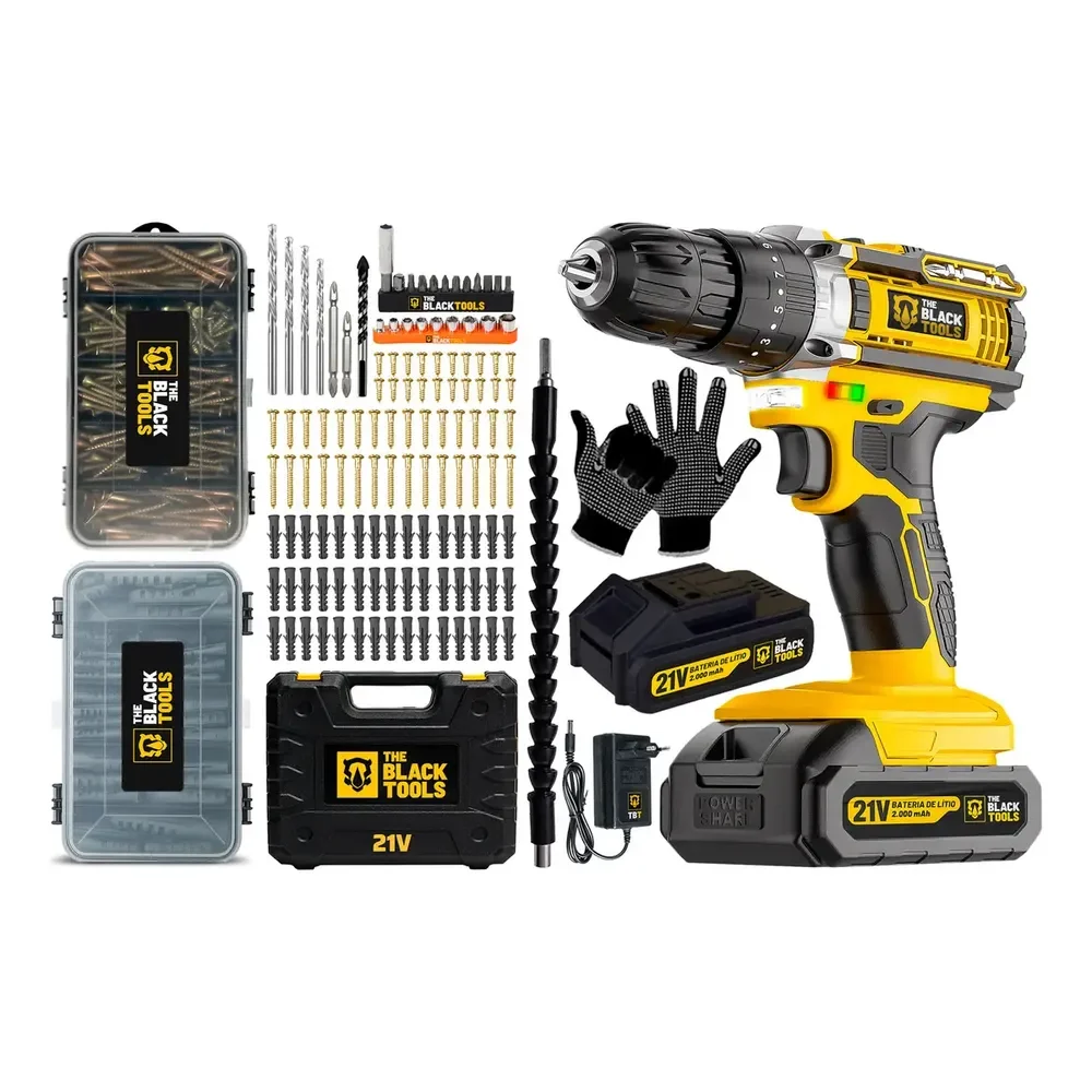 Parafusadeira Furadeira De Impacto 21v Bateria 2ah C/ Maleta The Black Tools + Kit Estojo Parafusos E Buchas + Luvas Amarelo 127/220v 50/60hz