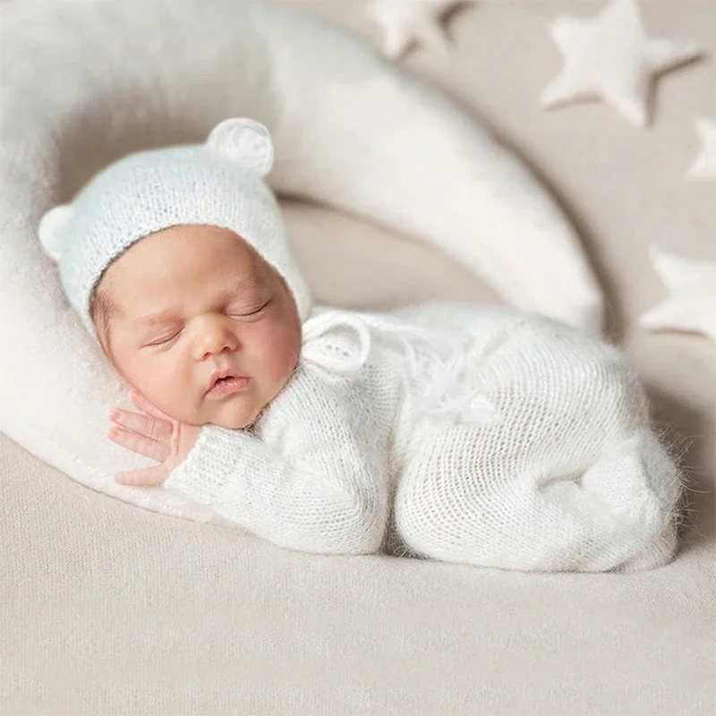 Macacão amarelo orelhas de urso do recém-nascido com chapéu, roupas com padrão animal, roupas de tricô fofas, roupas photoshoot para bebê menino