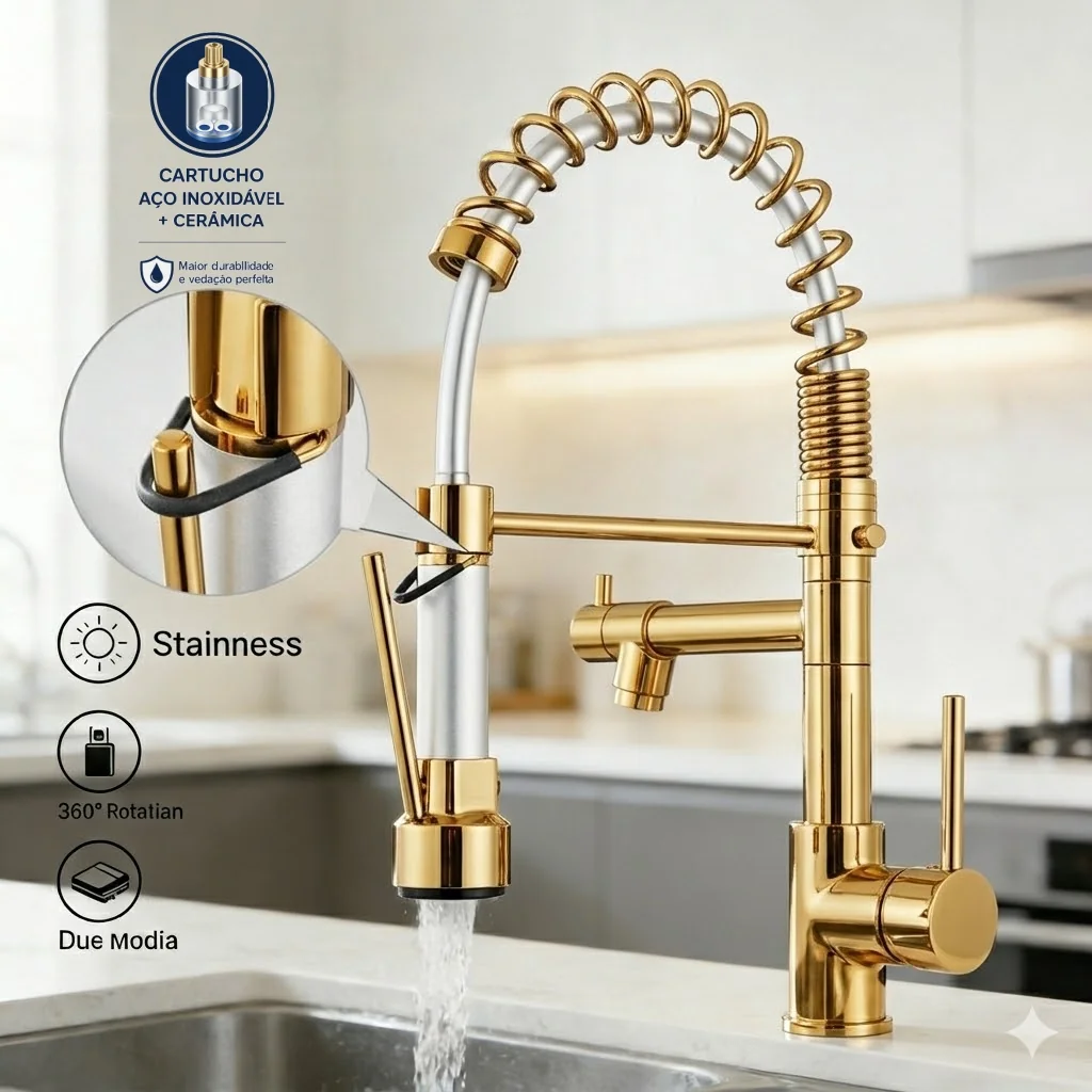 Torneira Cozinha Dourada Pia Gourmet Misturador Inox Luxo Acabamento Brilhante Yesop