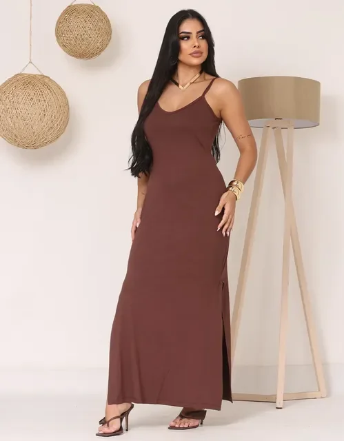 Vestido Feminino Longo Midi Fenda Casual Básico Modelador