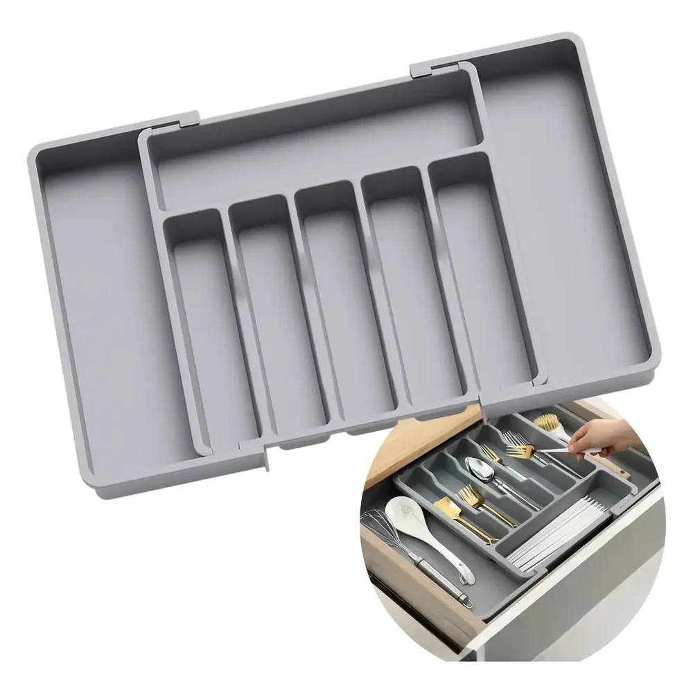Organizador Porta Talheres Gaveta Cozinha Extensor Duplo Cinza