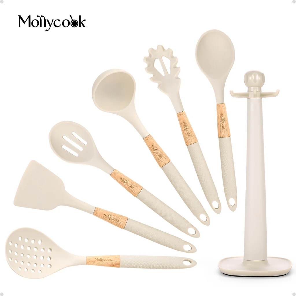 🛍 Mollyccok Kit 7 Peças Espatula de Silicone Utensílios Cozinha Conjunto Utensílios Talher de Cozinha Cor Branco