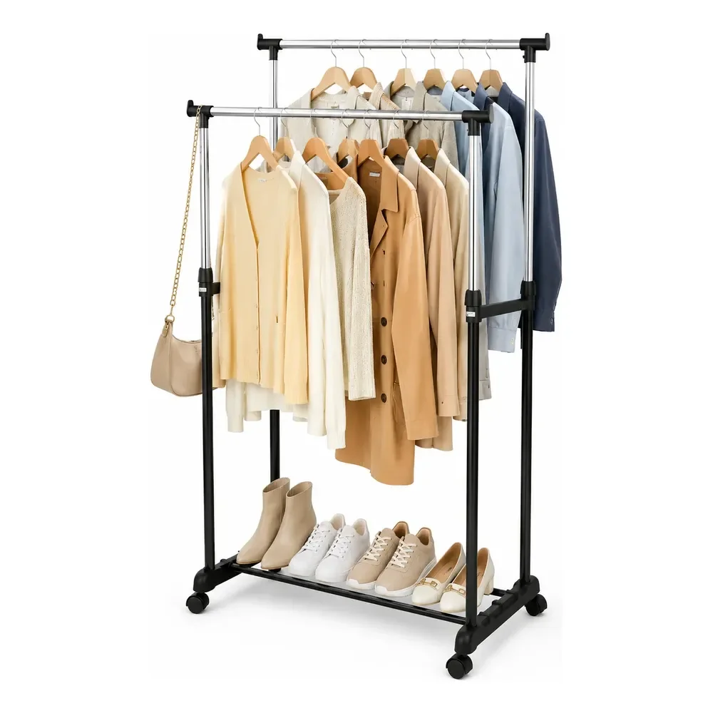 Cabideiro Duplo Ajustável Arara De Roupas Com Rodinhas 30kg