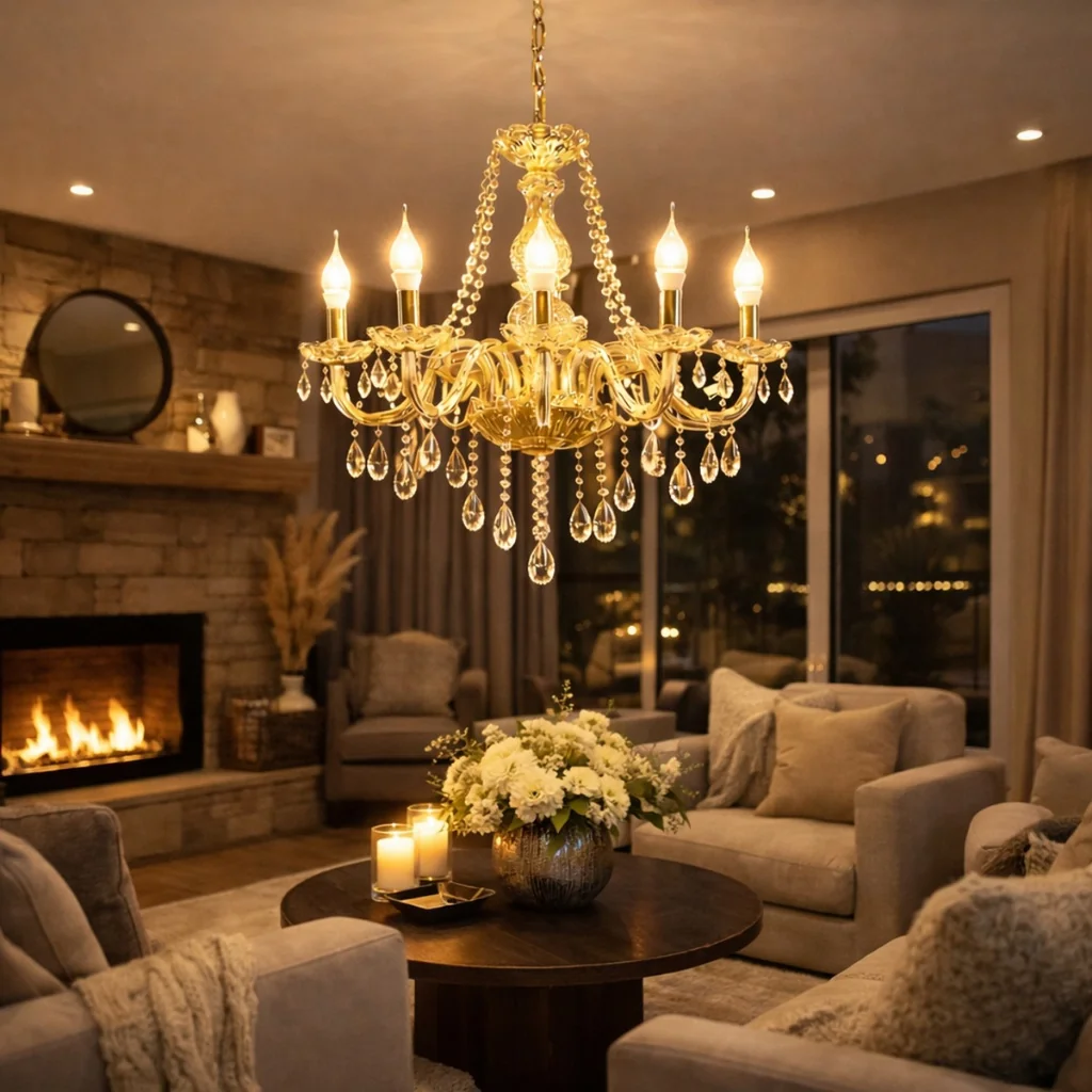 Lustre De Cristal Luminária Luxuoso Ambar Com 06 Braços